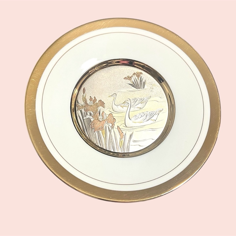 Art of Chokin Swans & Irises Collector Plate – Japan, 24K Gold Accents